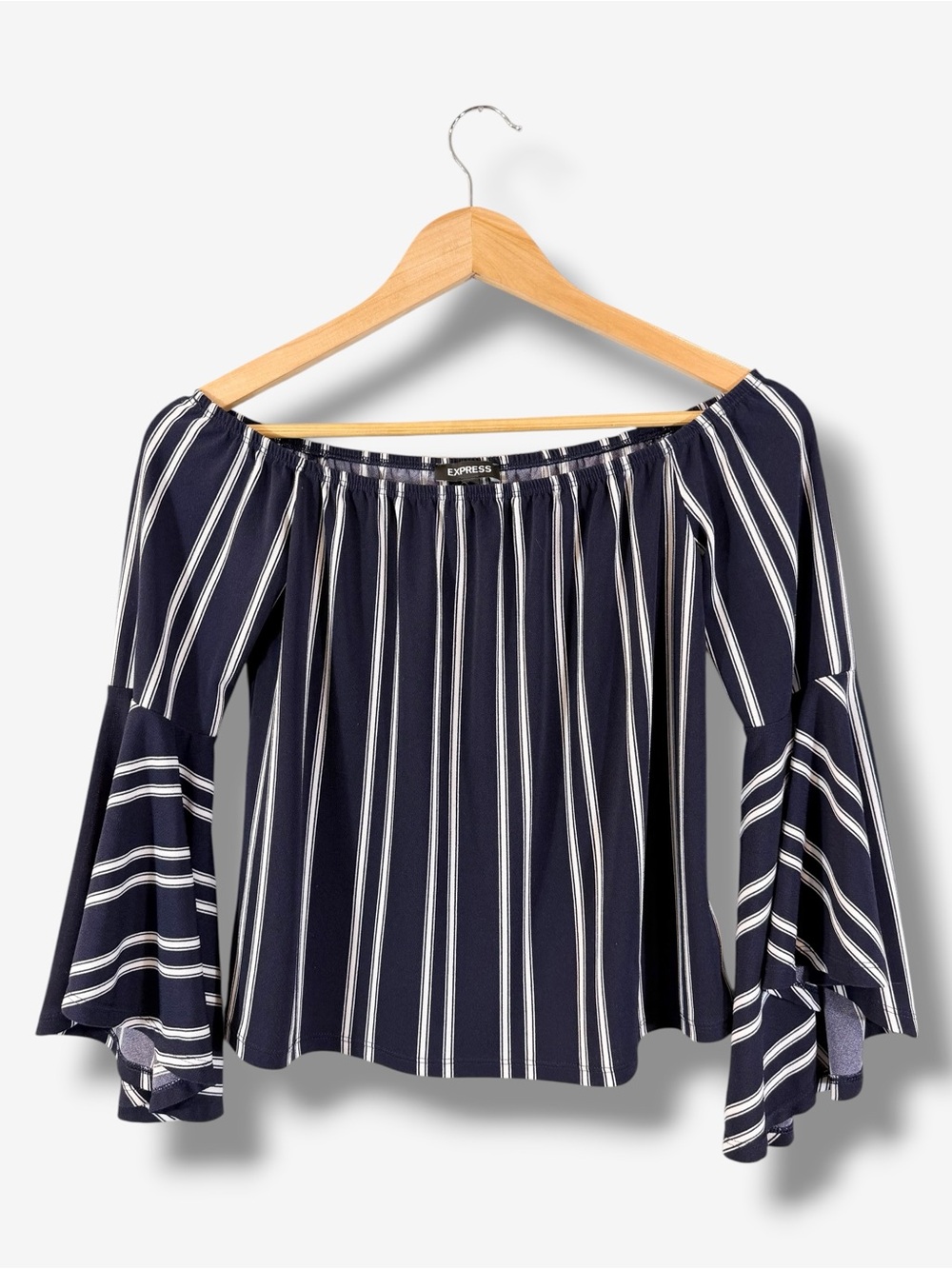 Express Off Shoulder Blouse Size S Blue White Stripe Bell Flare Sleeve Casual